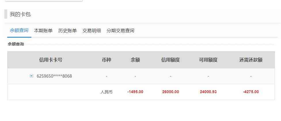 信用卡账户余额为5226元，信用额度已用完