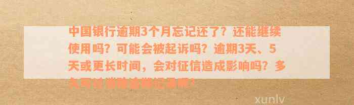 中国银行逾期三个月后果如何，是否会被起诉，逾期后还款还有可能吗？