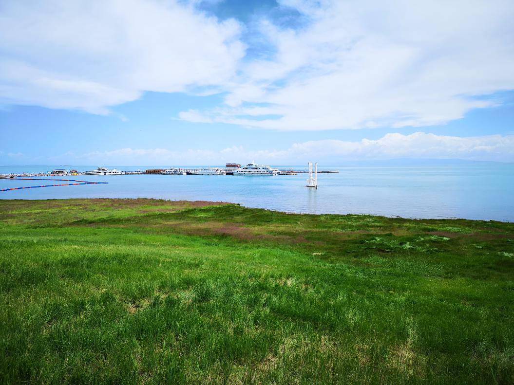 青海湖晴朗天气下的翡翠般碧水美景