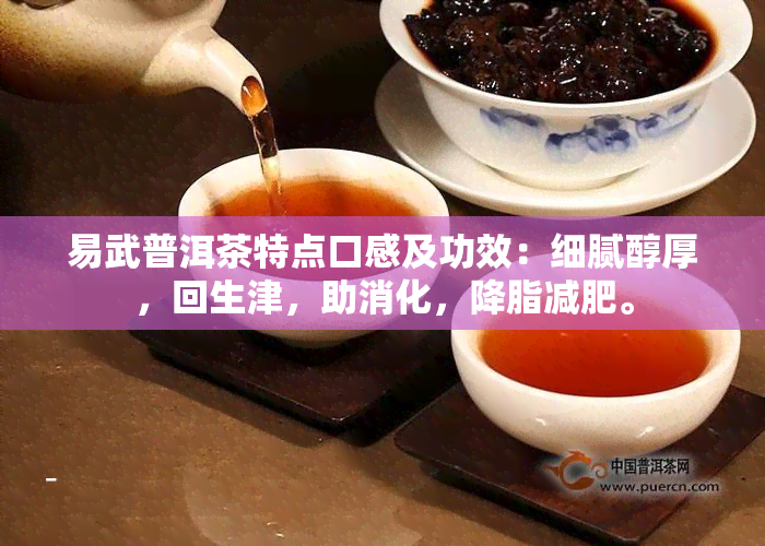 易武普洱茶特点口感及功效：细腻醇厚，回生津，助消化，降脂减肥。