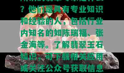 所谓的翡翠专家是什么？他们是具有专业知识和经验的人，包括行业内知名的如陈瑞福、张金海等。了解翡翠玉石知识，可下载相关应用或关注公众号获取信息。