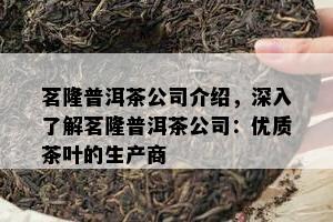 茗隆普洱茶公司介绍，深入熟悉茗隆普洱茶公司：优质茶叶的生产商