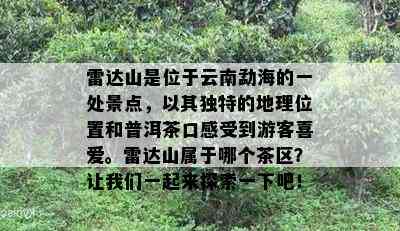 雷达山是位于云南勐海的一处景点，以其独特的地理位置和普洱茶口感受到游客喜爱。雷达山属于哪个茶区？让我们一起来探索一下吧！