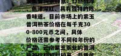 紫玉普洱茶特点：口感醇厚、色泽深红、具有独特的陈香味道。目前市场上的紫玉普洱熟茶价格在每千克300-800元币之间，具体价格还需参考不同和年份的产品。云南紫玉茶业的普洱熟茶价格相对较高，品质优良。