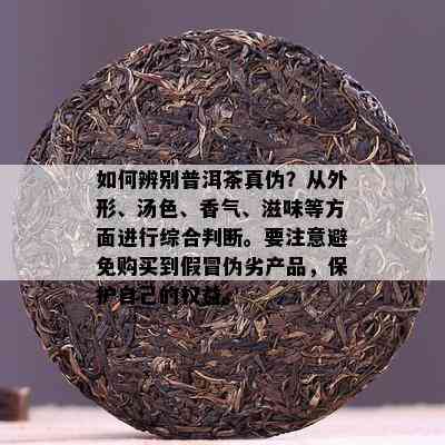 如何辨别普洱茶真伪？从外形、汤色、香气、滋味等方面进行综合判断。要注意避免购买到假冒伪劣产品，保护自己的权益。