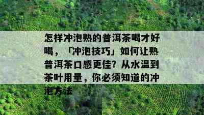 怎样冲泡熟的普洱茶喝才好喝，「冲泡技巧」如何让熟普洱茶口感更佳？从水温到茶叶用量，你必须知道的冲泡方法