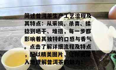 简述普洱茶生产工艺流程及其特点：从采摘、杀青、揉捻到晒干、堆捂，每一步都影响着其独特的口感与香气。点击了解详细流程及特点，配以精美图片，让你更深入地理解普洱茶的魅力！