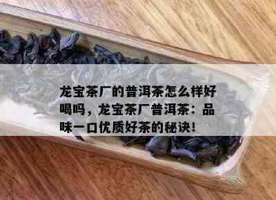 龙宝茶厂的普洱茶怎么样好喝吗，龙宝茶厂普洱茶：品味一口优质好茶的秘诀！