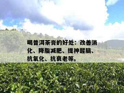 喝普洱茶膏的好处：改善消化、降脂减肥、提神醒脑、抗氧化、抗衰老等。