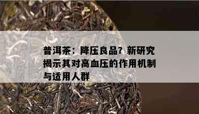 普洱茶：降压良品？新研究揭示其对高血压的作用机制与适用人群