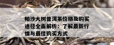 帕沙大树普洱茶价格及购买途径全面解析：了解最新行情与更佳购买方式