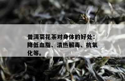 普洱菊花茶对身体的好处：降低血脂、清热解、抗氧化等。