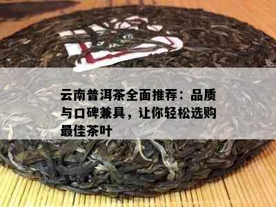 云南普洱茶全面推荐：品质与口碑兼具，让你轻松选购更佳茶叶