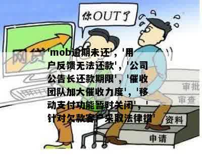 'mob逾期未还'，'用户反馈无法还款'，'公司公告长还款期限'，'催收团队加大催收力度'，'移动支付功能暂时关闭'，'针对欠款客户采取法律措'