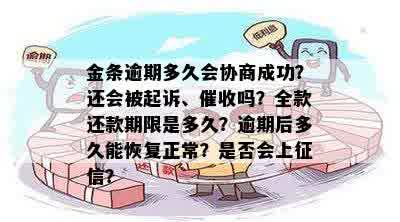 金条逾期多久会协商成功？还会被起诉、催收吗？全款还款期限是多久？逾期后多久能恢复正常？是否会上征信？