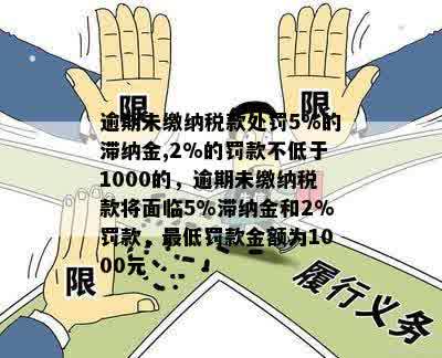 逾期未缴纳税款处罚5%的滞纳金,2%的罚款不低于1000的，逾期未缴纳税款将面临5%滞纳金和2%罚款，更低罚款金额为1000元